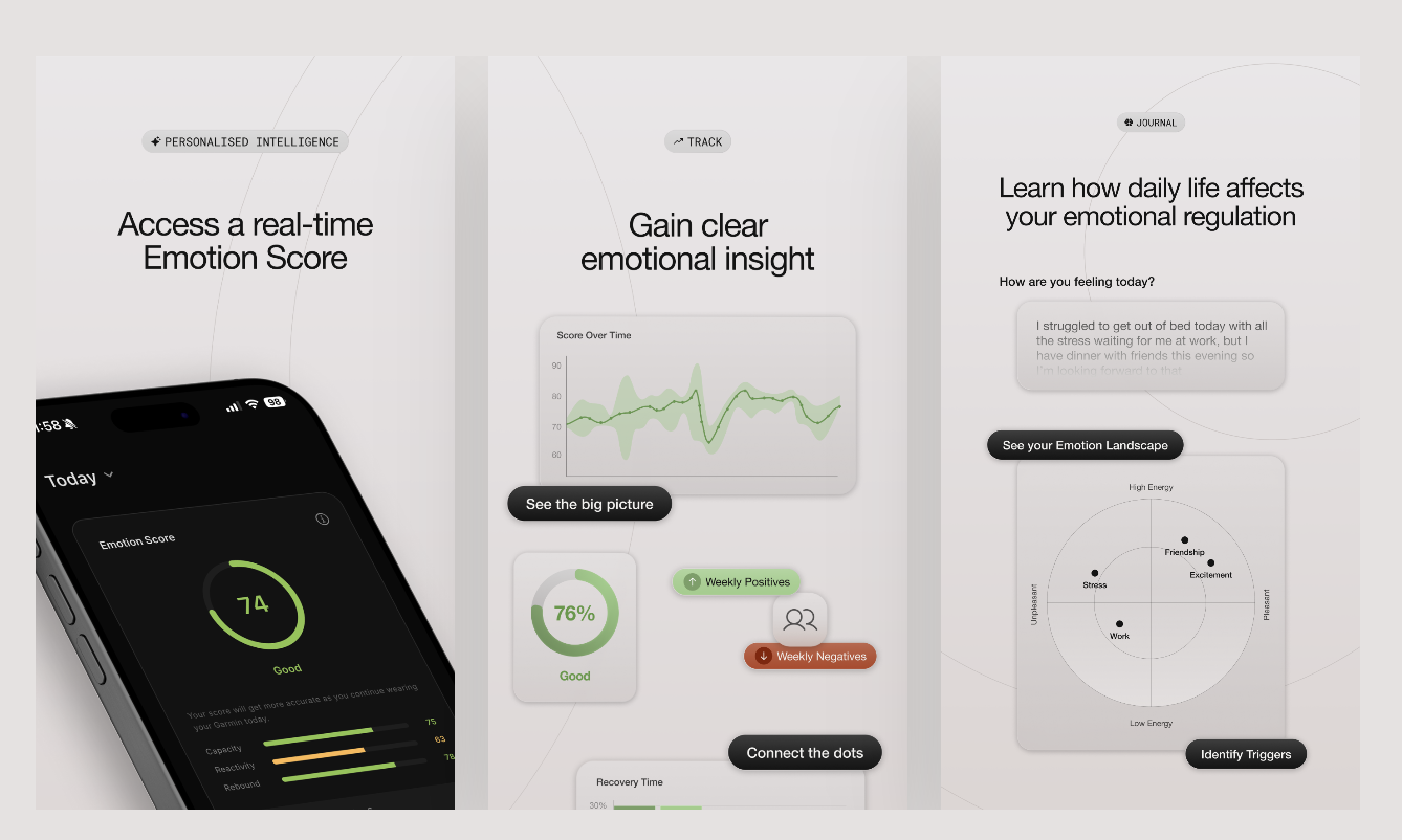 The IN TRUTH app showing a real-time Emotion Score, insight and journal entry